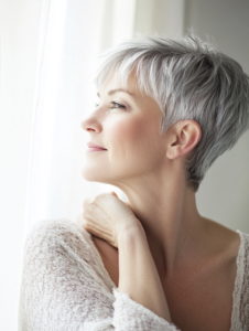 short pixie haircut on a beautiful middle age women looking to the window