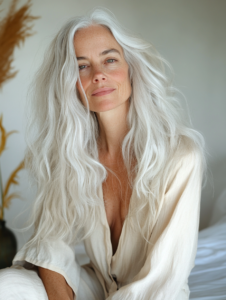 women with very long white hair sitting in white room in serene calm vibe