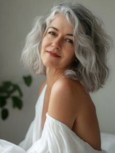 a women sitting in calm room with beautiful hair natural grey style