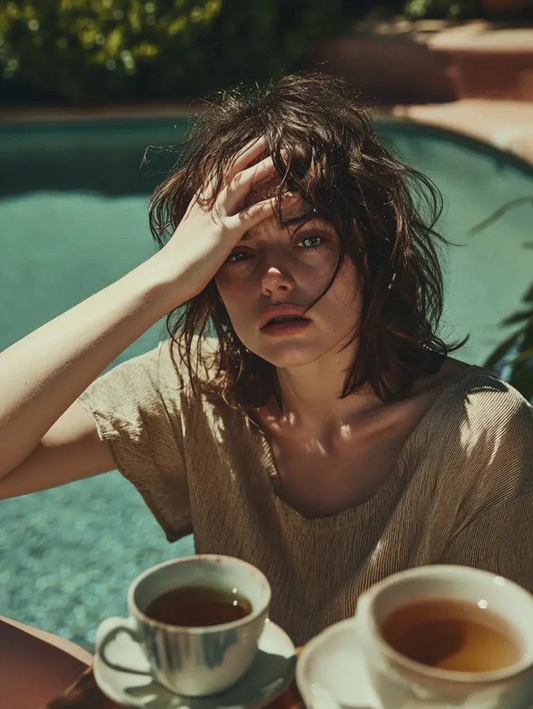 girl sitting by the pool she is looking very stressed