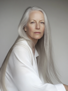 women middle age sitting gracefully with very long grey hair