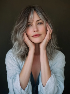 women middle age gracefully accepting her grey hair style