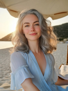 women on the beach in blue dress with face frame