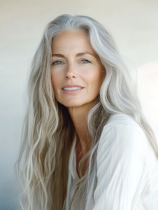 women in age with long silver color embracing her natural beauty