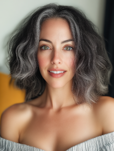 curly beautiful women with grey hair strands around her face