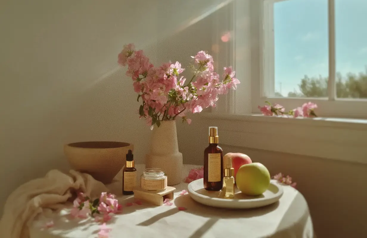 a table with natural products and pink flowers