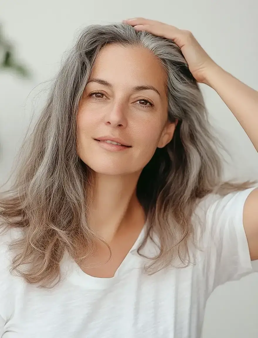 women with grey hair roots on her transition to natural hair